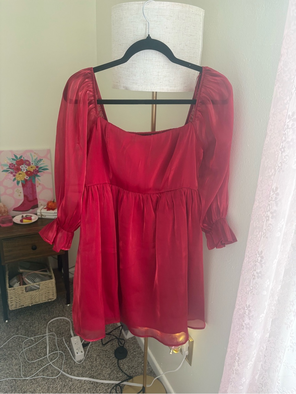 Satin Red Puff-Sleeve Mini Dress
